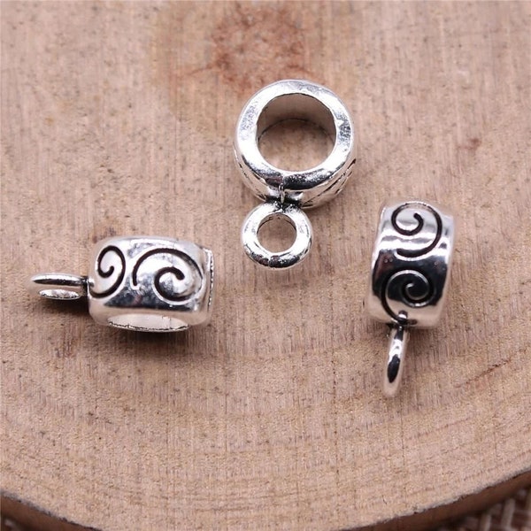 10 Silver Spirl Engraved Bail Bead Charms, 12x8mm, Silver Tone Charms (N-162)