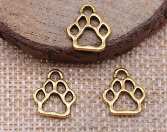 10 Gold Dog Paw Charms, 13x11mm, Antique Gold Tone Charms (C-65)