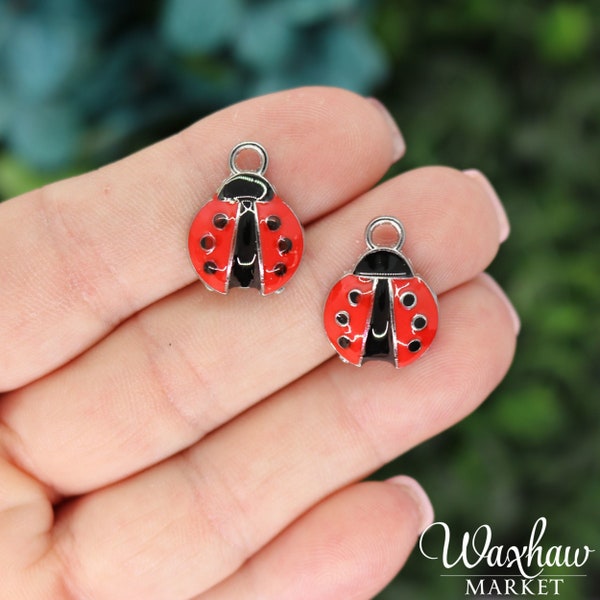 2 Ladybug Charms, Enamel Silver Tone (A-37)