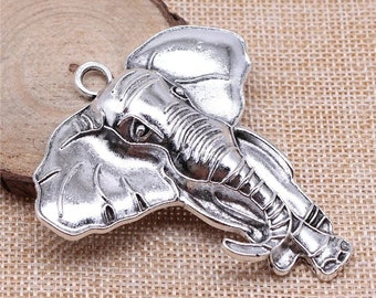 Large Silver Elephant Charm, 71x63mm, Silver Tone Charm (T-34)