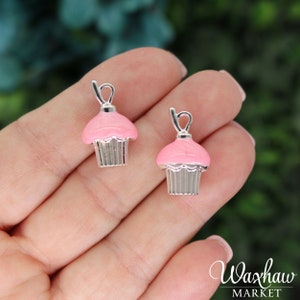 2 Pink Cupcake Charms, 3D, Silver Plated Enamel (C-39)