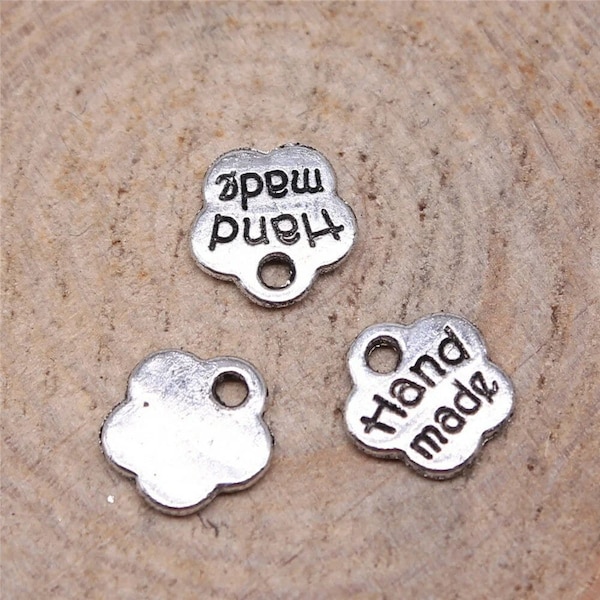 40 Silver Hand Made Engraved Tag Charms, Silver Tone Charms (E-111)