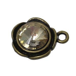 2 Champagne Rhinestone Flower Charms, 19x16mm, Antique Bronze Tone Charms (K-125)