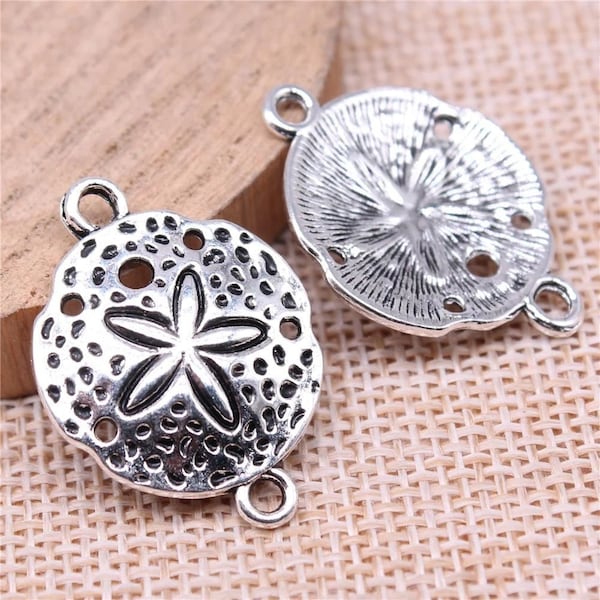 2 Sand Dollar Connector Charms, 29x21mm, Silver Tone Charms (J-161)