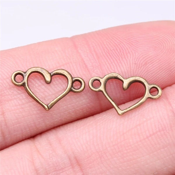 20 Bronze Heart Connector Charms, Heart Charms, 15x9mm, Antique Bronze Charms (N-168)