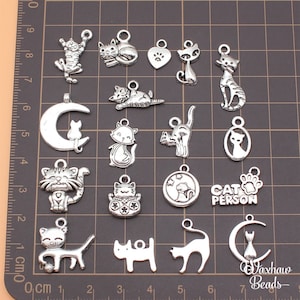 BULK 18 Silver Set of Cat Charms, Mixed Lot of Cat Charms (F-128)
