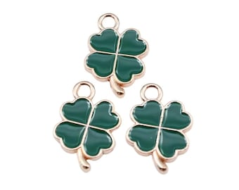 2 Green Enamel Four Leaf Clover Charms, 18x12mm, Gold Tone Enamel (R-124)