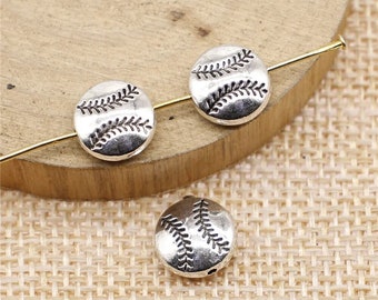 5 Silver Baseball Spacer Beads, Sports Beads, 10mm, Antique Silver Tone (A-62)