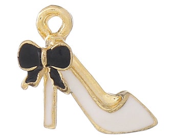2 White High Heel Charms with Cute Bow, Gold Plated Enamel (U-10)