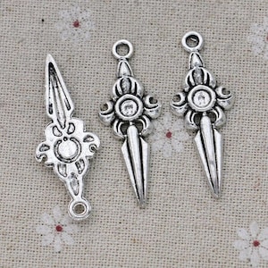 2 Silver Fancy Sword Charms, 41x16mm, Silver Tone Charms (N-94)
