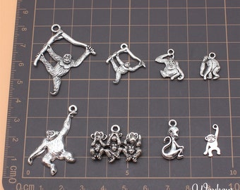 BULK 8 Silver Monkey Charms, Mixed Lot of Charms (N-205)