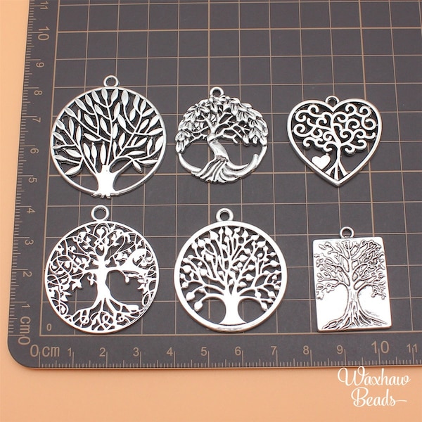 BULK 6 Silver Tree of Life Charms, Mixed Lot of Charms (B-83)