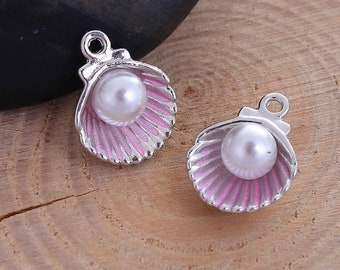 5 Faux Pearl Pink Seashell Charms, 28x15mm, Silver Tone Charms (G-194)