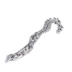May include: Silver dragon bookmark with a Celtic knot design. The dragon's head is curled around the top of the bookmark.