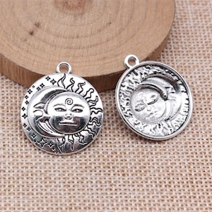 3 Silver Sun and Moon Face Charms, 29x25mm, Silver Tone Charms (D-163)
