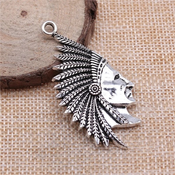2 Silver Large Indian Chief Charms, Silver Tone Charms (A-131)
