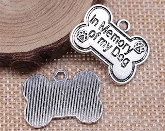 2 Silver Dog Memorial Charms, In Memory of Dog Charms, 25x19mm, Silver Tone Charms (M-247)