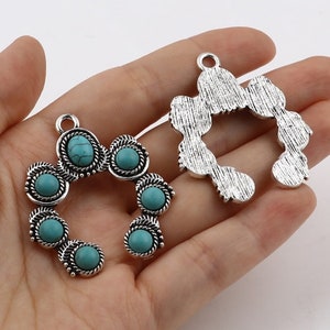 Boho Turquoise Horseshoe Charm, 43x36mm, Silver Tone Charms (Q-238)