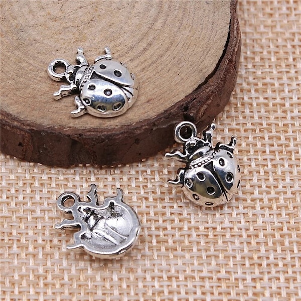 5 Silver Ladybug Charms, 16x14mm, Silver Tone Charms (E-67)