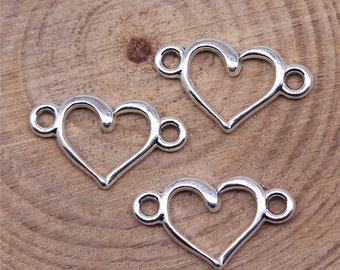20 Silver Heart Connector Charms, 15x9mm, Silver Tone Charms (F-236)