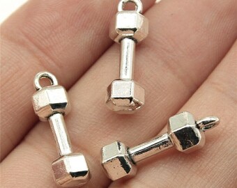 3 Silver Barbell Charms, Silver Tone Charms (L-62)