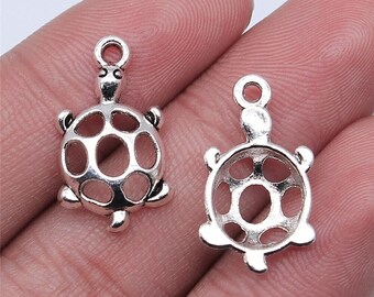 10 Silver Hollow Turtle Charms, Tortoise Charms, Silver Tone Charms (D-152)