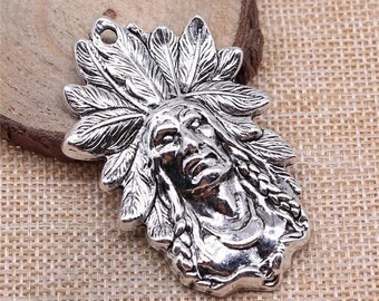 Large Silver Indian Chief Charm, Silver Tone Charms (T-17)