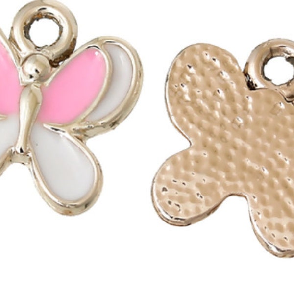 5 Pink & White Enamel Butterfly Charms, Matte Gold Tone (M-189)