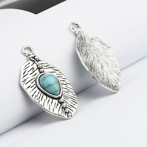 Turquoise Boho Leaf Pendant Charm, Silver Tone Charms (B-223)