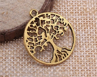 3 Gold Tree of Life Charms, 25mm, Antique Gold Tone Charms (C-86)