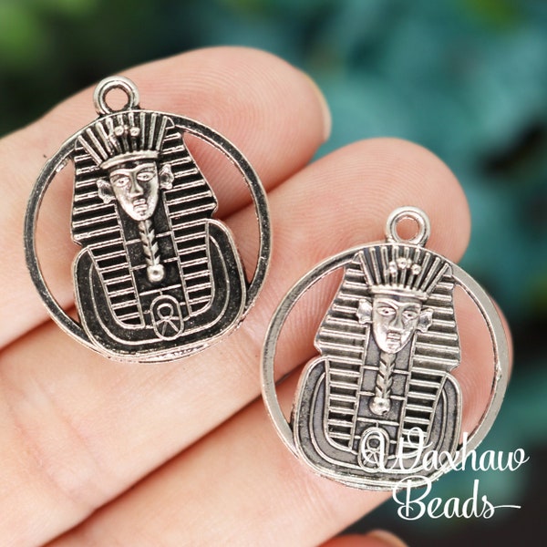 2 Silver Egyptian Pharoah Charms, 2 Sided, Silver Tone Charms (H-205)