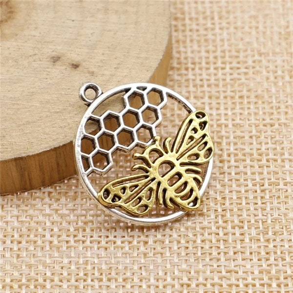 2, 5 Two Tone Bee with Honeycomb Charms, 29x25mm, Antique Silver/Gold Tone (R-14)