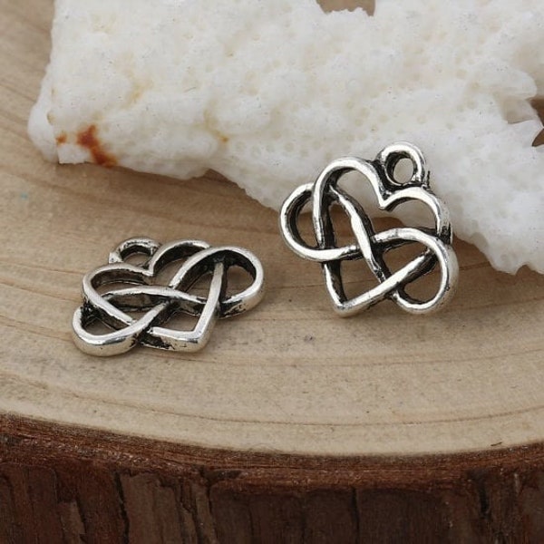 6 Silver Infinity Heart Charms, 15x14mm, Silver Tone Charms (M-150)