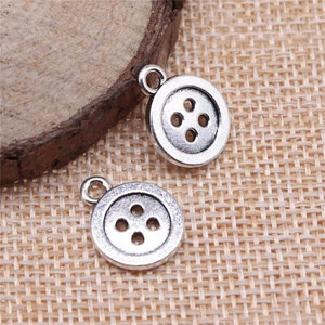 4 Silver Button Charms, Sewing Charms, Silver Tone Charms (D-246)