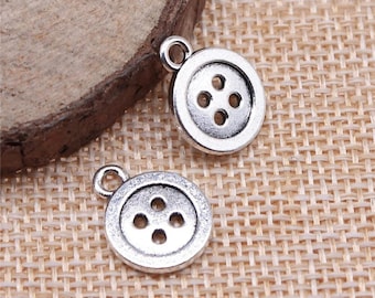 4 Silver Button Charms, Sewing Charms, Silver Tone Charms (D-246)