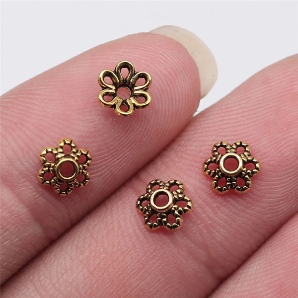 40 Gold Flower Bead Caps, 5mm, Antique Gold Tone (H-95)