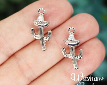 2 Festive Silver Cactus Charms, Silver Tone Charms (E-104)