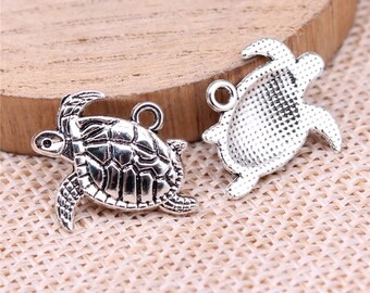 5 Silver Turtle Charms, 20x13mm, Silver Tone Charms (N-64)