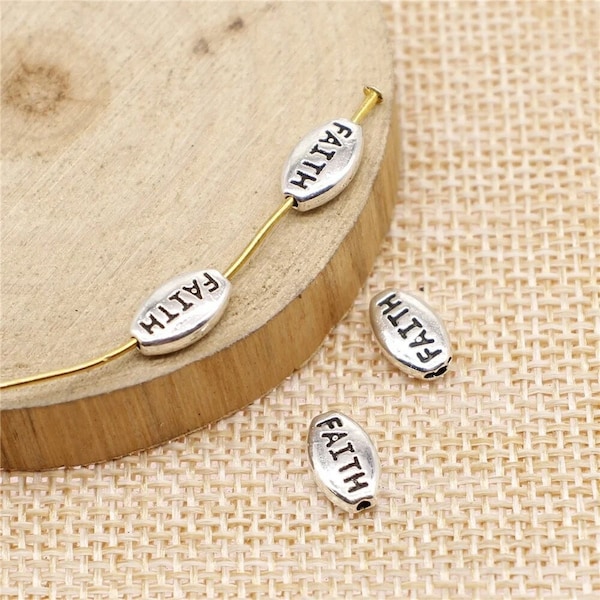 8, 40 Bulk Silver Faith Bead Charms, 10x6mm, Silver Tone Charms (J-159)