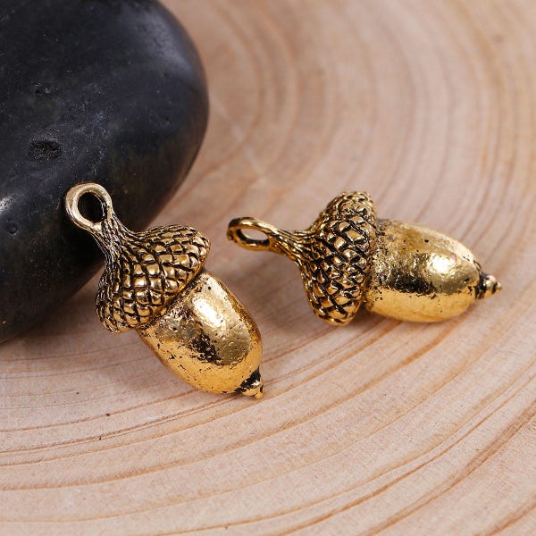 2 Gold Acorn Charms, Antique Gold Tone (G-145)