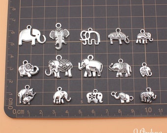 BULK 15 Silver Elephant Charms, Mixed Lot of Charms (N-221)