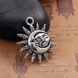 2 Silver Sun Moon Face Charms, Antique Silver Tone Charms (M-40)