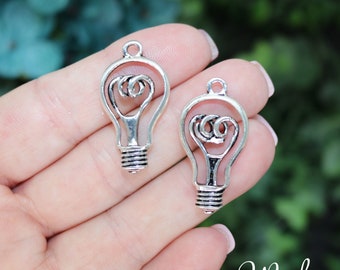 4 Silver Light Bulb Charms, Antique Silver Tone Charms (A-139)