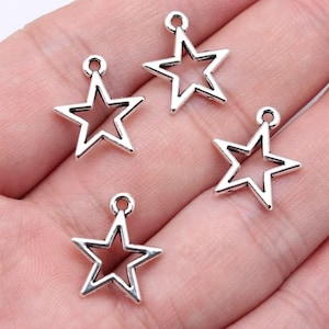 10 Silver Star Charms, Silver Stars, 14x16mm Silver Tone Star Charms (B-254)