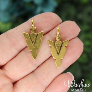 6 Gold Arrowhead Charms, 2 Sided, Antique Gold Tone (A-175)