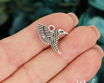 10 Silver Hummingbird Charms, Silver Tone Charms (G-139)