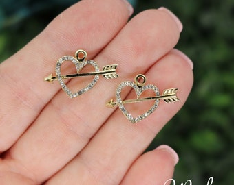 2 Rhinestone Heart with Arrow Charms, Gold Plated (A-54)