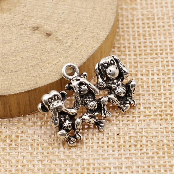 2 Silver Hear See Speak No Evil, Three Wise Monkey Charms, Silver Tone Charms (H-120)