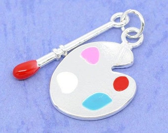 2 Paint Palette Paint Brush Artist Multi Color Charms, Silver Plated Enamel (G-65)