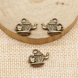 6 Bronze Teapot with Cup Charms, 2 Sided, Antique Bronze Tone Charms (F-34)